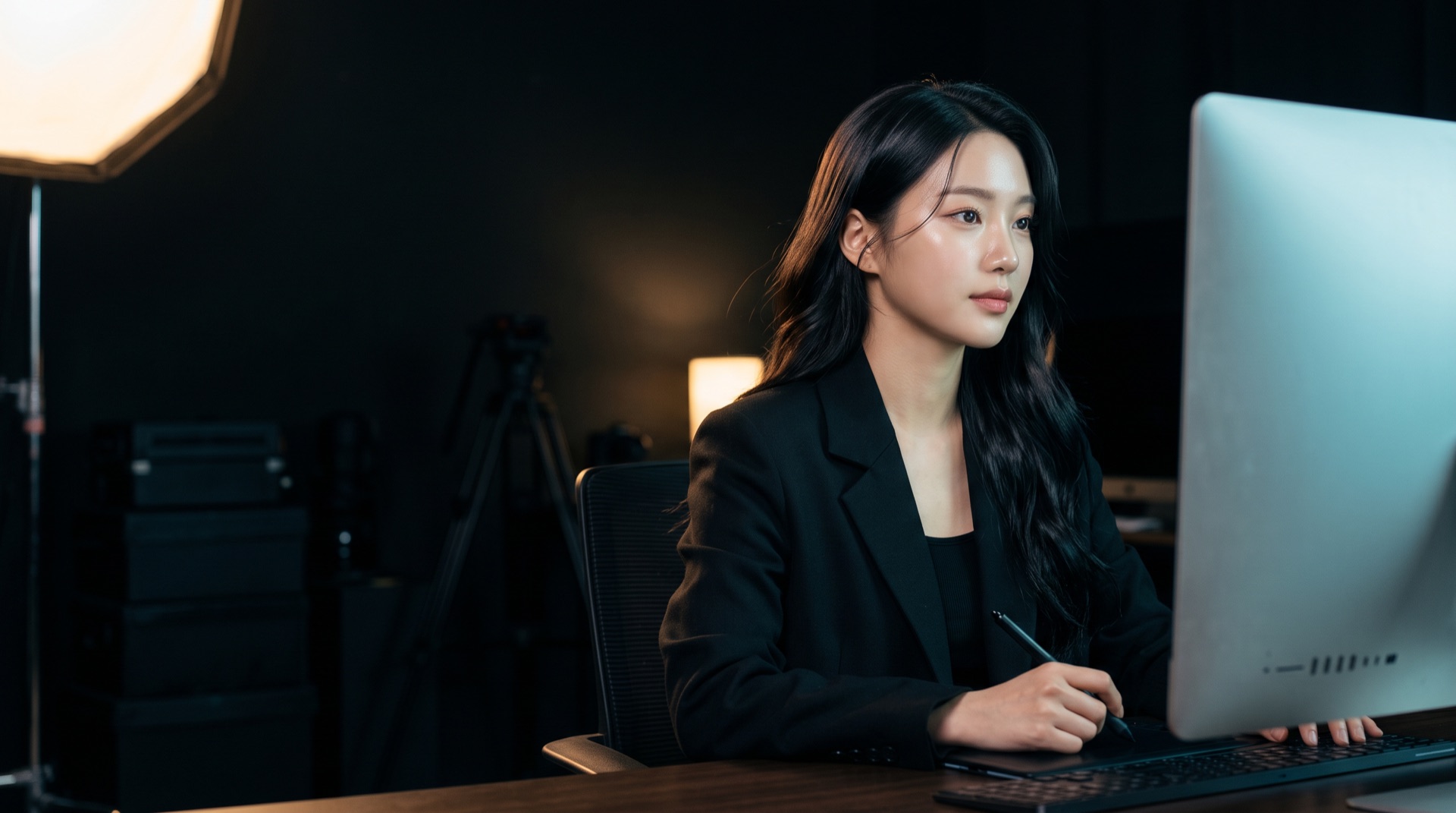 어두운 촬영 스튜디오 책상에서 태블릿을 쥐고 모니터를 보는 사람